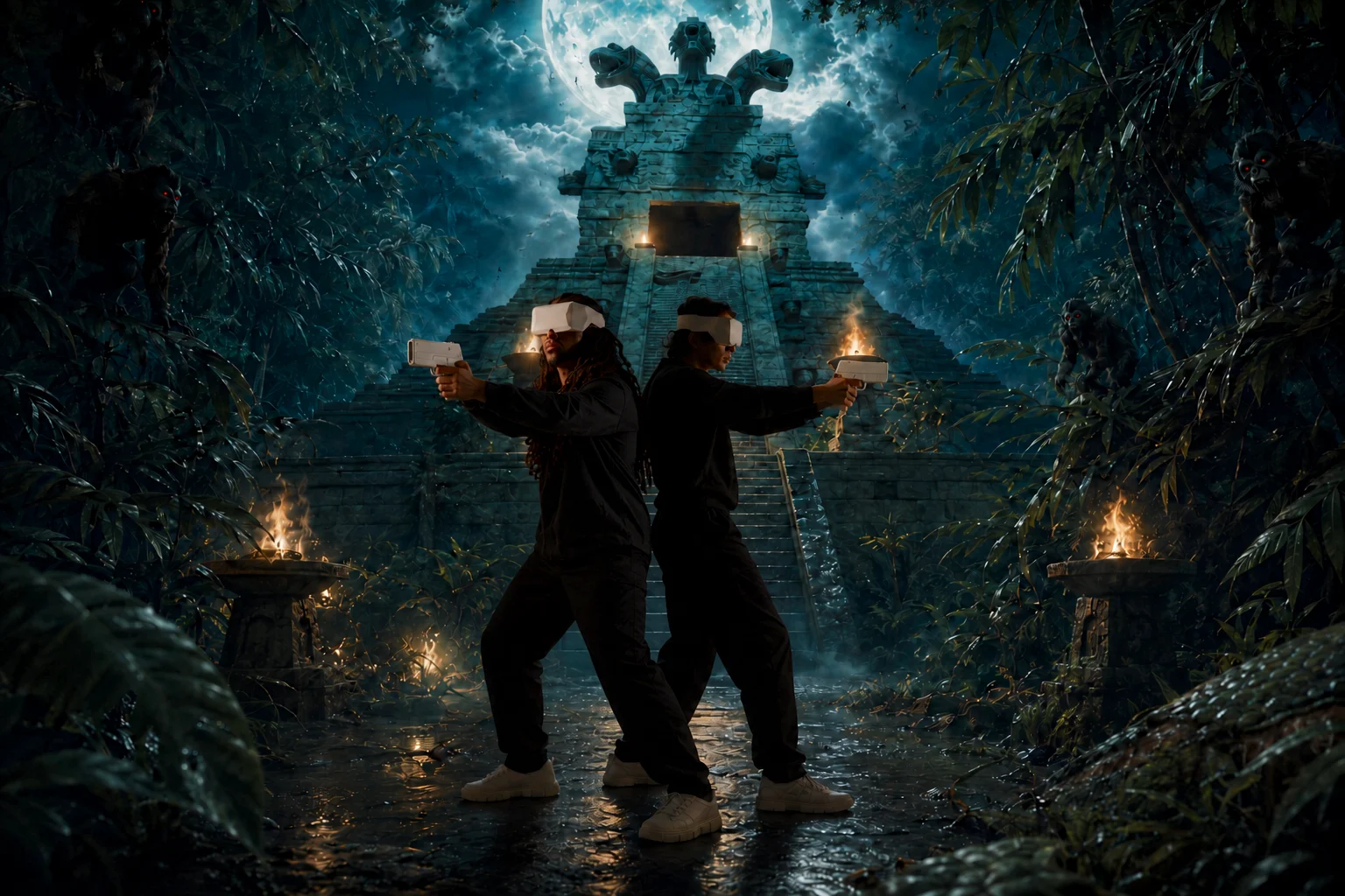 Zwei Personen erleben Sandbox VR gemeinsam vor dem Tempel
